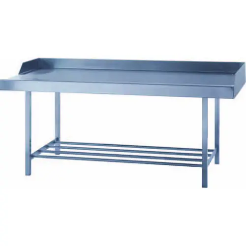 Schneller Versand Füllarbeitstisch Chromnickelstahl, L 1500 x B 900 x H 850 mm, geschweißte Ausführung, Oberfläche gebürstet, rechte Seitenwand verkürzt, vorn mit Wulstrand, 1 Ablagerost